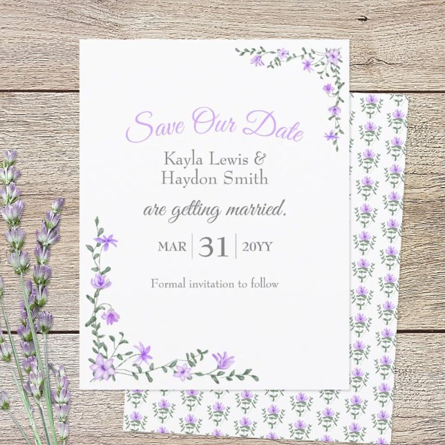 Lila Blommor, Bladrika Vinrankor Bröllop Spara Vår Inbjudningar (lavender flowers Save Our Date wedding stationery)