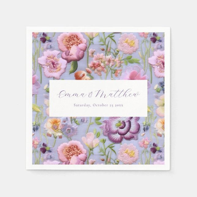 Lila blommor Broderi Bröllop Pappersservett (Framsidan)