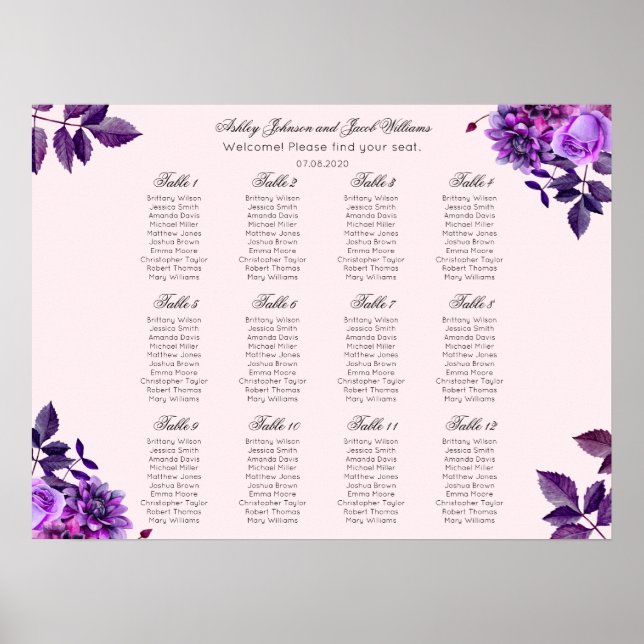 Lila blommor bröllops sittplatskarta. Rosa blommor Poster (Framsidan)