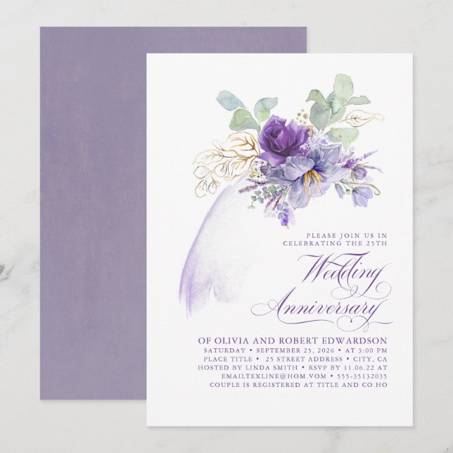 Lila Blommor Bröllopsjubileum Inbjudningar (Fram/baksida)
