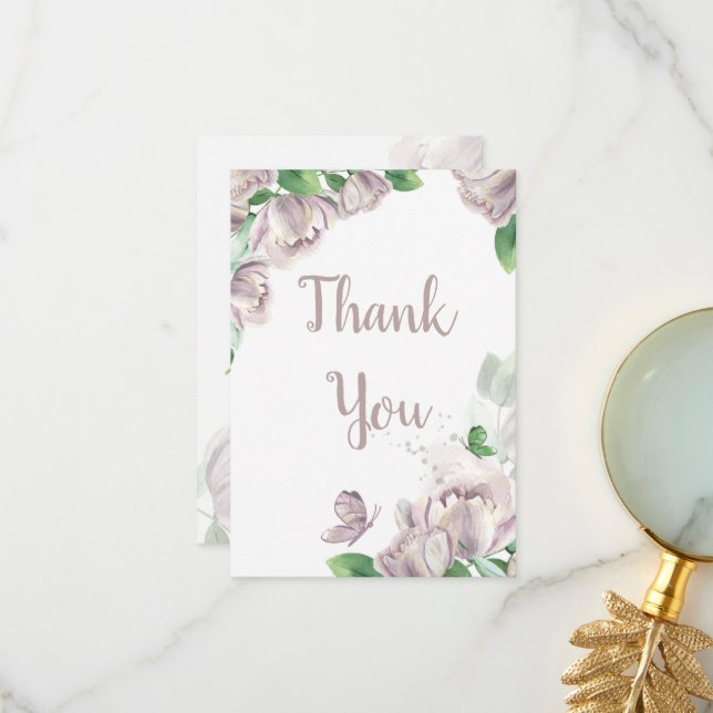 lila blommor butterflies bröllop tack kort (Fram/Back In Situ)