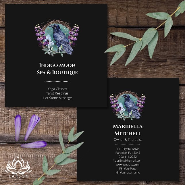 Lila blommor Celestial Raven Crystals Utandning Fyrkantigt Visitkort (Skapare uppladdad)