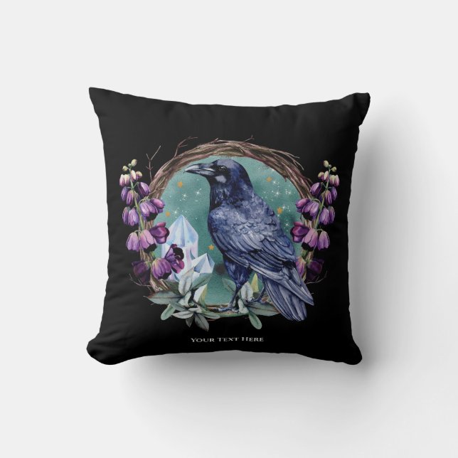 Lila blommor Celestial Raven Kristaller Krans  Kudde (Framsida)