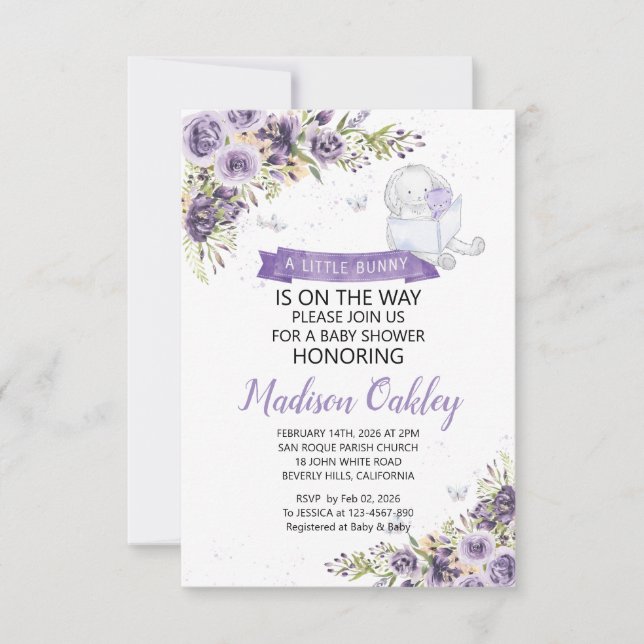 Lila blommor En liten kanin Baby Shower Meddelande (Framsida)