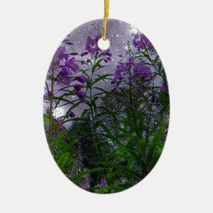 Lila blommor fantasins natt julgransprydnad keramik