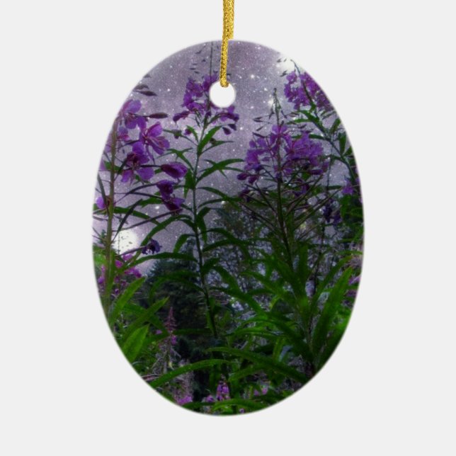 Lila blommor fantasins natt julgransprydnad keramik (Framsidan)