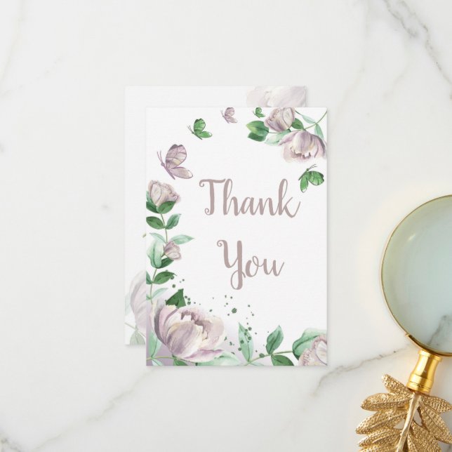 lila blommor fjärilar bröllop tack kort (Fram/Back In Situ)