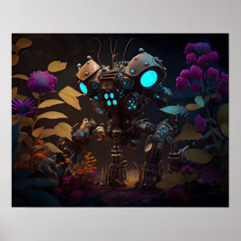 Lila blommor & Glowing Ögon Robot Poster