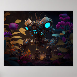 Lila blommor & Glowing Ögon Robot Poster