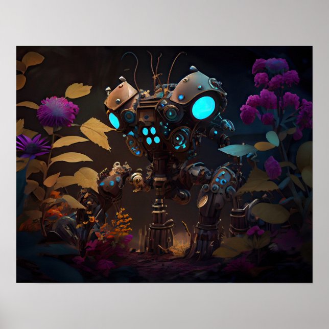 Lila blommor & Glowing Ögon Robot Poster (Framsidan)