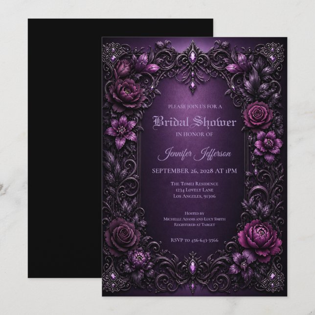 Lila Blommor Gothic Bröllopsdusch inbjudan (Fram/baksida)