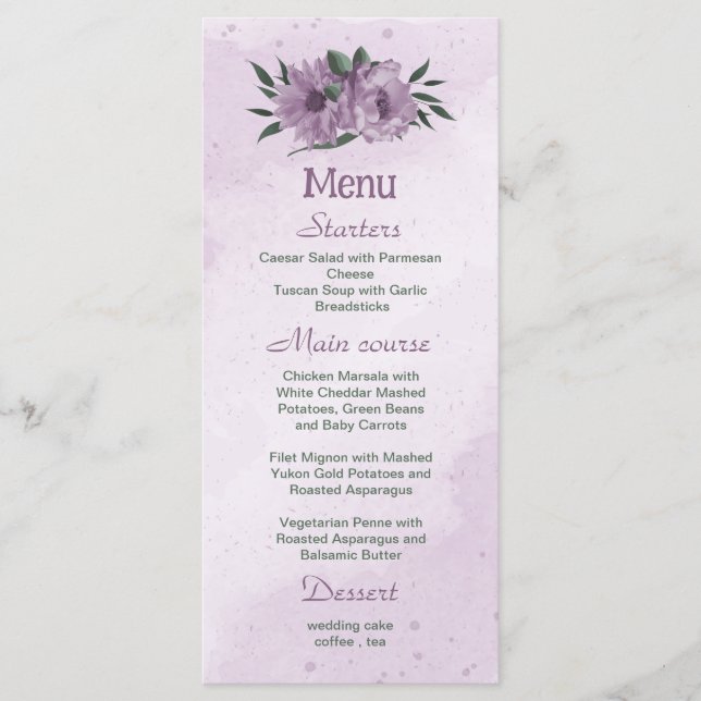 lila blommor greenery botanical bröllop meny (Framsida)