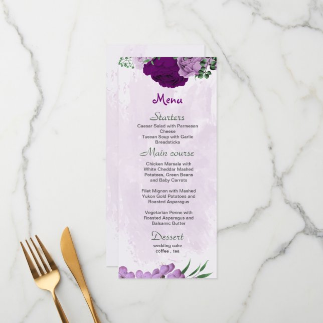 Lila blommor greenery bröllop meny (Fram/Back In Situ)