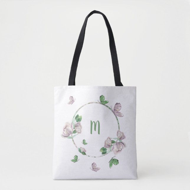 lila blommor greenery butterflies tygkasse (Framsida)