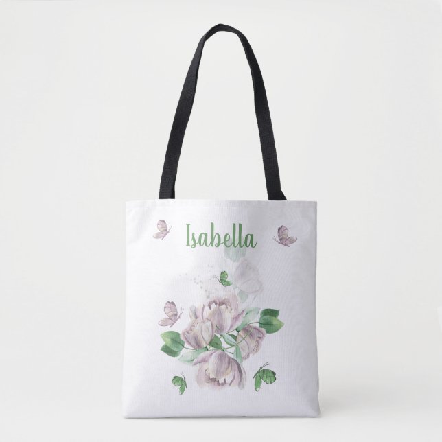 lila blommor greenery butterflies tygkasse (Framsida)
