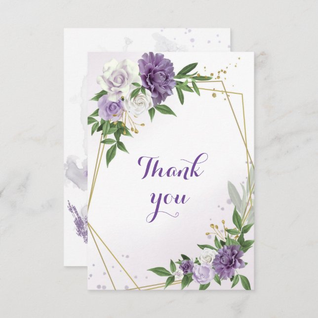 lila blommor grey guld geometric tack kort (Fram/baksida)