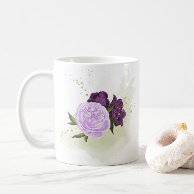 lila blommor gröna blad  kaffemugg (Med munk)