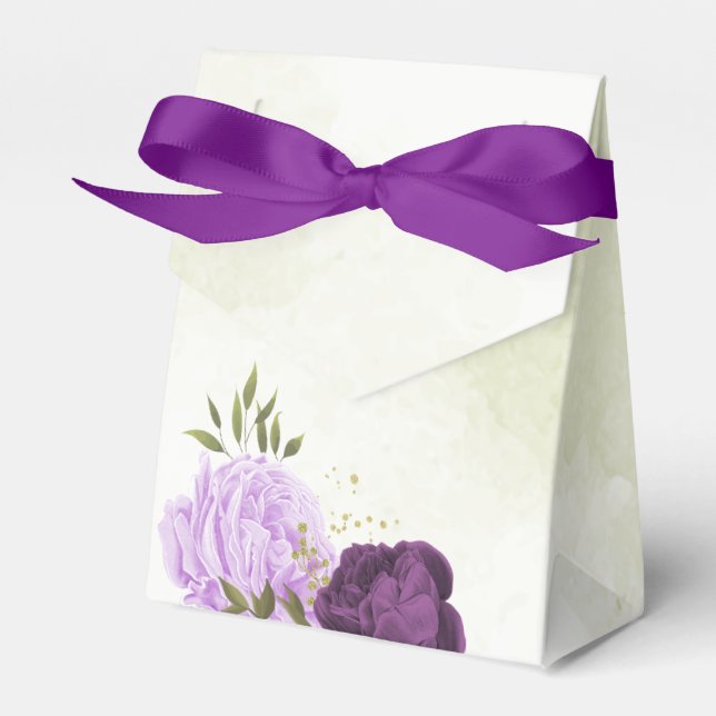 lila blommor grönt löv bröllop presentaskar (Framsidan Sidan)