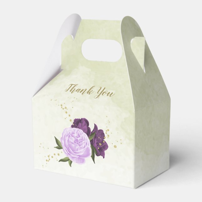 lila blommor grönt löv bröllop presentaskar (Framsidan Sidan)