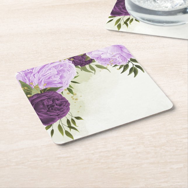 lila blommor grönt löv bröllop underlägg papper kvadrat (Vinklad)
