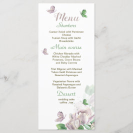 lila blommor grönt löv butterflugor bröllop meny