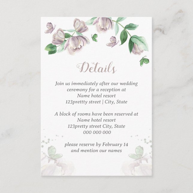 lila blommor grönt löv butterflugor bröllop tilläggskort (Framsida)