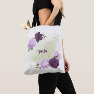 lila blommor grönt löv tygkasse