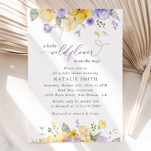 Lila blommor, gula blommor, Boho, baby shower Inbjudningar