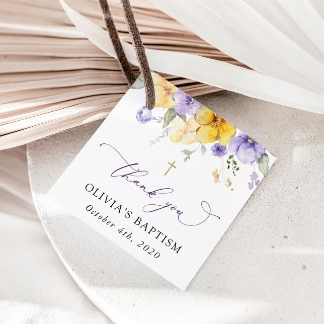 Lila blommor, gula blommor, Boho, dop Gåvor Etiketter (Skapare uppladdad)