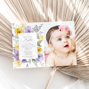 Lila blommor, gula blommor, Boho, dop Inbjudningar