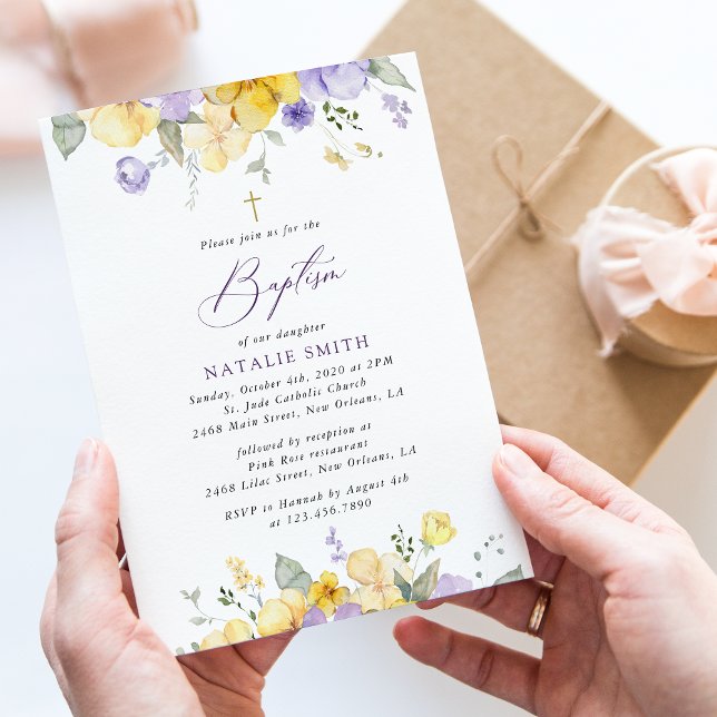 Lila blommor, gula blommor, Boho, Dop Inbjudningar (Skapare uppladdad)