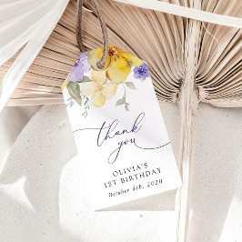 Lila blommor, Gula blommor, första födelsedag Presentetikett