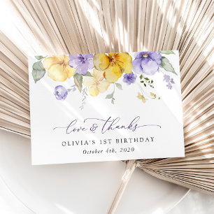 Lila blommor, Gula blommor, första födelsedag Tack Kort