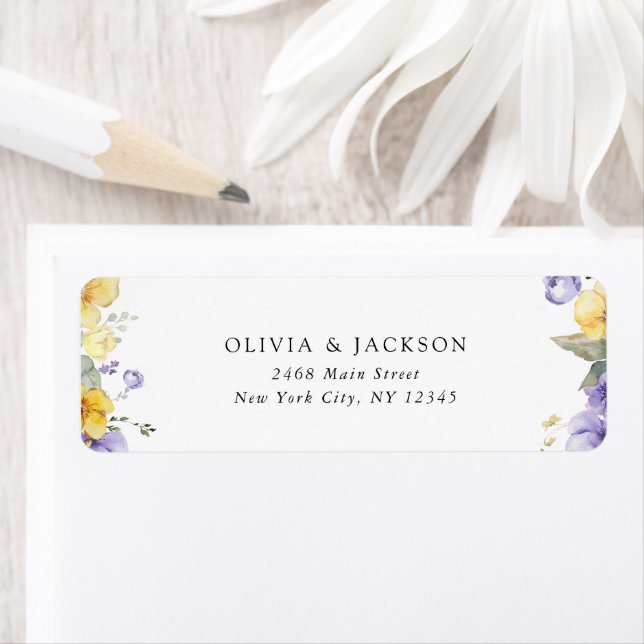 Lila blommor, Gula blommor, Grekland, Bröllop Returadress Etikett (Insitu)