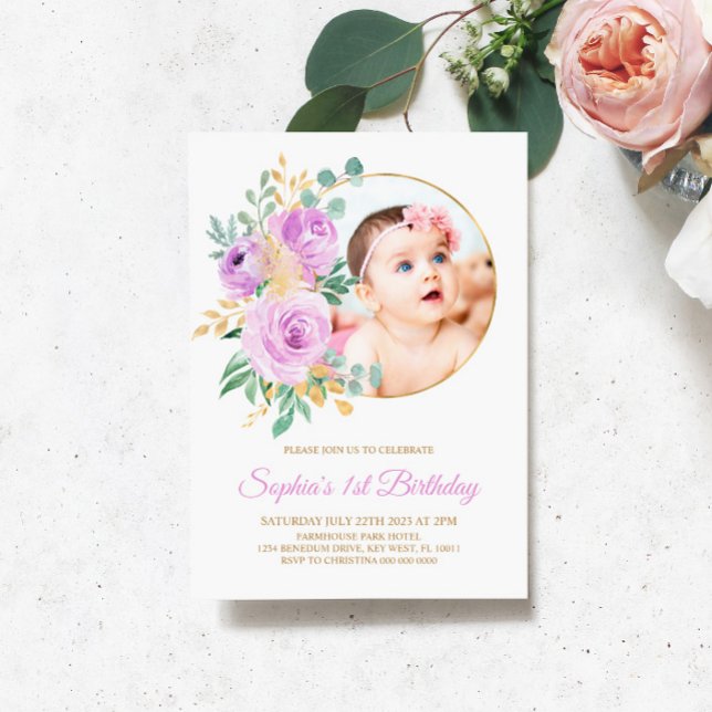 Lila blommor & Guld Baby första födelsedag Inbjudningar (Skapare uppladdad)