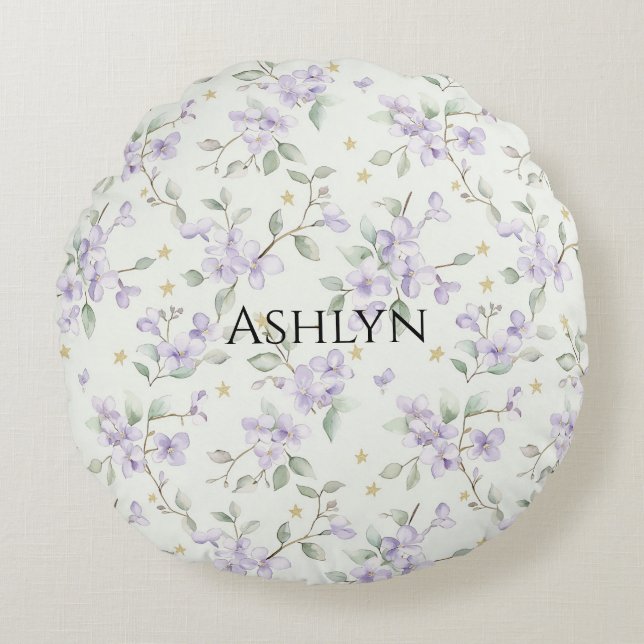 Lila blommor Guld Stars Måne Rund Kudde (Framsidan)