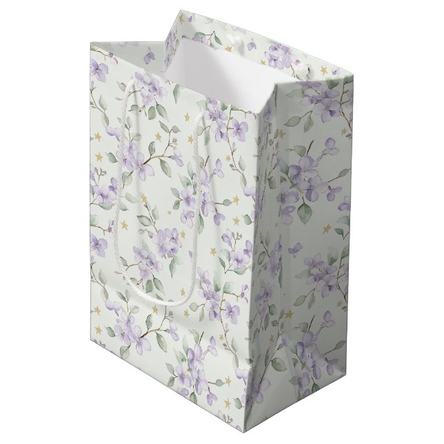 Lila blommor Guld stjärnor månar Babyshower (Framsidan Vinklad)