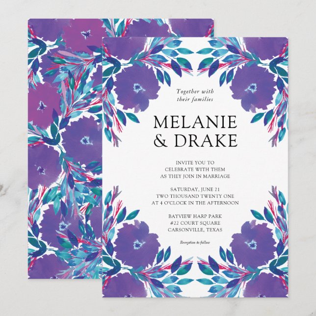 Lila blommor handmålad bröllopsinbjudan inbjudningar (Fram/baksida)