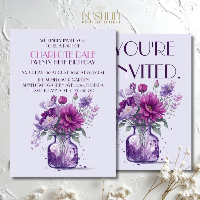 Lila blommor i vas Blommigt, vattenfärg Birthday Inbjudningar (Skapare uppladdad)