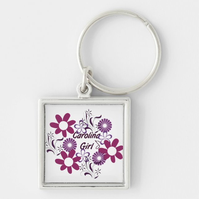 Lila blommor Keychain för Carolina flicka~ Fyrkantig Silverfärgad Nyckelring (Framsidan)