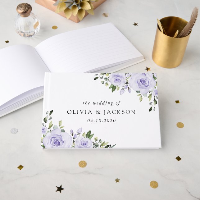 Lila blommor, Lilac Flowers, Blommigt Bröllop Gästböcker (Framsida öppen)