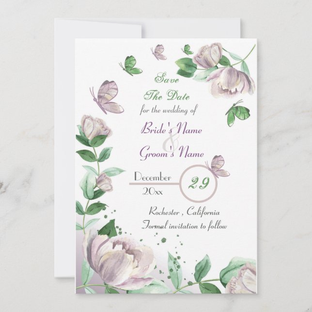 lila blommor & löv-knappar spara datumet inbjudningar (Framsida)