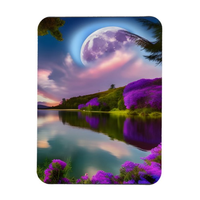 Lila blommor Måne och sjöreflektion Magnet (Vertikal)
