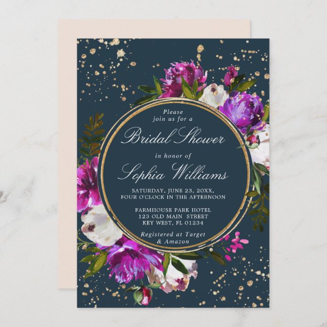 Lila blommor & marin blå Möhippa Inbjudningar (Fram/baksida)