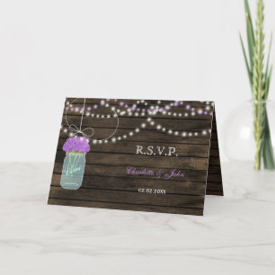 Lila blommor Mason Burk Barn Wood Bröllop Inbjudan