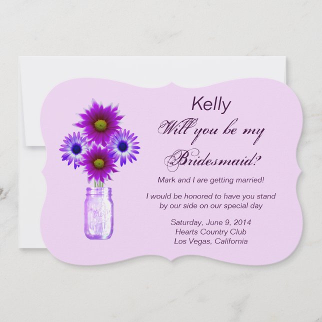 Lila blommor Mason Burk Bridesmaid Card Inbjudningar (Framsida)