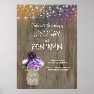 Lila blommor Mason Burk Rustic Bröllop Välkommen Poster