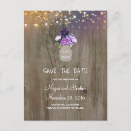 Lila blommor Mason Burk Rustic Save Date Meddelande Vykort
