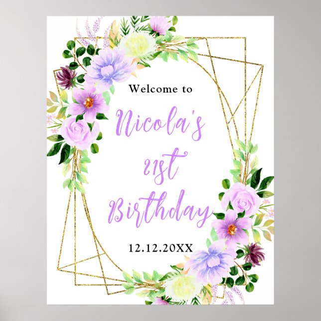 Lila blommor med löv födelsedagsvälkomst poster (Framsidan)
