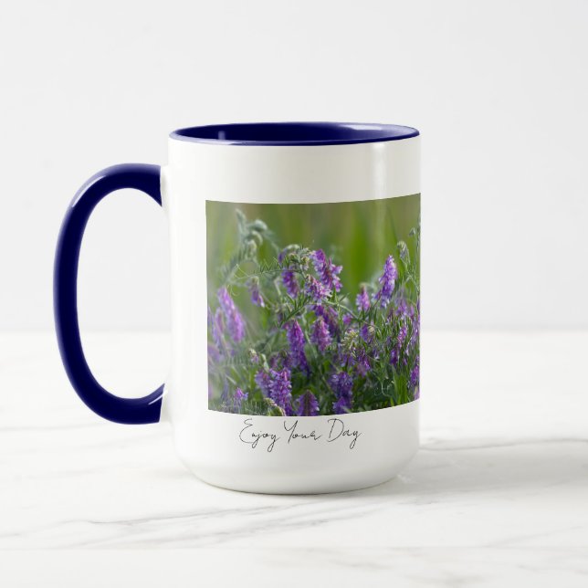 Lila blommor med text mugg (Vänster)